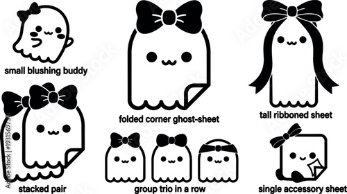 Kawaii flat vector sheet ghosts with bows close up smiling faces stacked pair folded corner single accessory black white outline