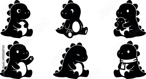 Minimal silhouette kawaii dinosaur set six sitting poses holding toy waving scarf flat black cute vector icons front view children