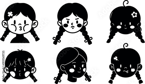 Flat design close up six braided girl faces with varied expressions front view flower hair cheek blush silhouette black white