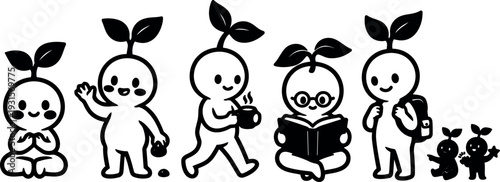 Flat design row of sprout characters in cute line art doing meditation waving walking reading and carrying backpack smiling coffee
