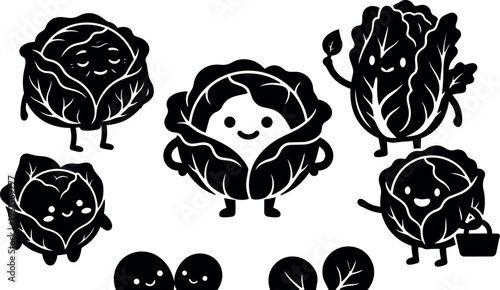 Kawaii cute flat vector cabbage characters smiling in playful poses holding basket waving close up simple black silhouette illustration set
