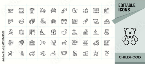 Set of Childhood line icon. Contains such symbols as kindergarten, kid, play, toy and more. Thin UI icons. Play icon set. Vector illustration.