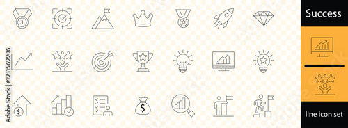 Editable vector line icon set for success and achievement. Featuring award, trophy, growth, goal setting, teamwork, and leadership. Perfect for business, marketing, and motivation