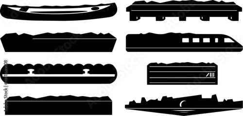 Flat vector silhouettes of train cars platforms and rail infrastructure set side view minimal black icons wide low aerial perspective