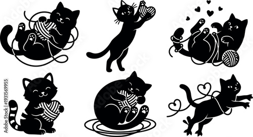 Flat design playful cat silhouettes playing with yarn balls hearts and tangled strings in whimsical vector set happy close up