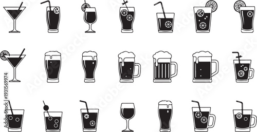 A diverse collection of various drink glasses and mugs in black and white. isolated on transparent background