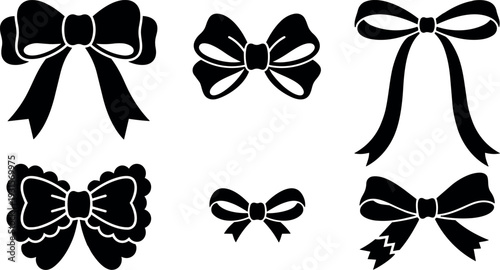 Minimalist flat vector bow ribbon set six black silhouettes various styles close up decorative gift accents ornamental vintage modern elegant
