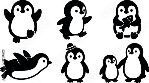 Flat design cute penguin icon set showing playful poses holding fish flying waddling wearing hat parent and chick in silhouette
