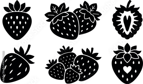 Flat design minimalist silhouette strawberry icon set close up three quarter view group arrangement black shapes on white background vector