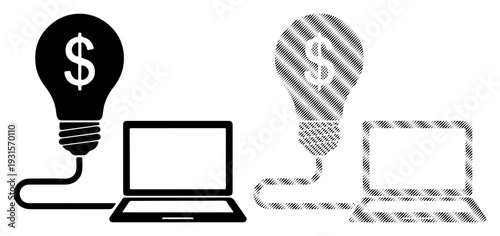 Digital idea generation for financial success, visualized with connected lightbulbs and laptops.