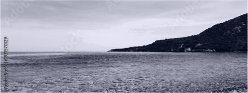 Contemporary halftone coastline mountain landscape designed as modern wall art poster. Monochrome duotone seascape, vintage texture effect. Mountains on the sea coast. Beach and rocks on the horizon.