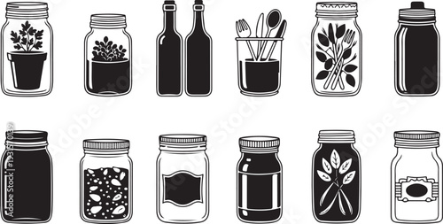 Assorted jars and bottles with various contents in a minimalist illustration isolated on transparent background
