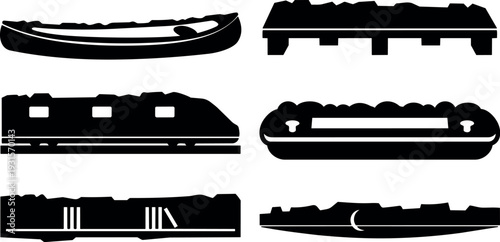 Flat design vector silhouette collection of six hull and vehicle profiles including canoe train car raft and platform side views