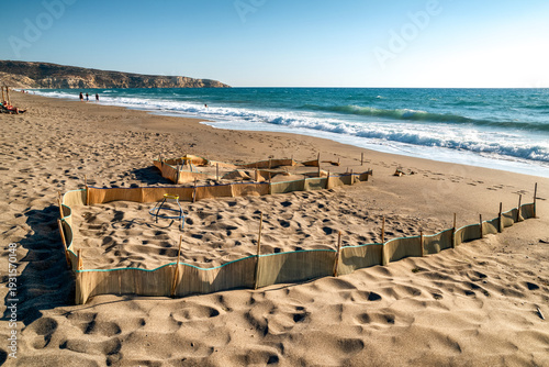 Protected Caretta caretta turtle nests on Kalamaki beach Crete Greece Libyan Sea