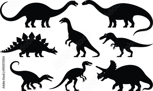 Dinosaur silhouette collection featuring T rex, stegosaurus and triceratops, prehistoric animal vector set isolated on white background for design