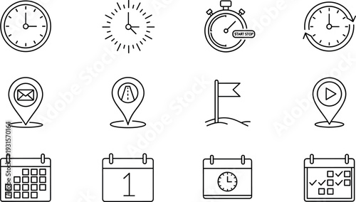 Time and Schedule Icon Set Clock Calendar Deadline Reminder Outline Vector Collection