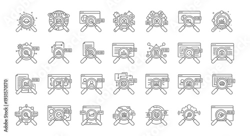 data analysis and search engine optimization icons illustrating digital research web analytics and business intelligence concepts.