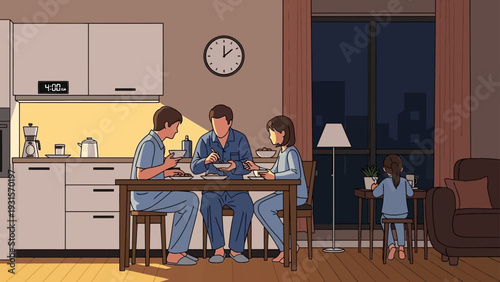 family in pajamas sharing an early morning meal at 400 am in their cozy home kitchen illustrating quiet family routine.