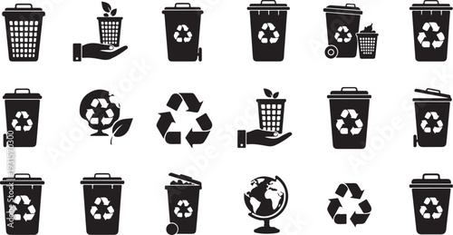 A collection of various recycling symbols and trash cans for waste management. isolated on transparent background