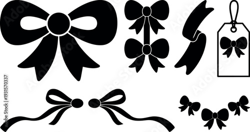 Flat design ribbon bow vector set with multiple silhouettes close up varied angles gift tag and decorative swags black isolated
