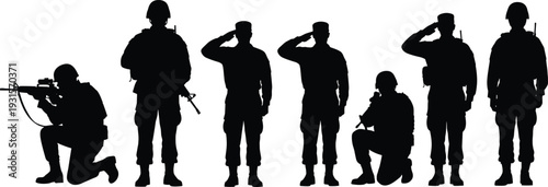 Soldier silhouette collection isolated on white background, military personnel set featuring saluting, standing and aiming rifle poses for army and defense concept