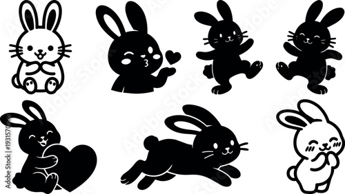 Flat design kawaii bunny icon set seven playful rabbit silhouettes with heart pose running hopping cute expressions line art friendly