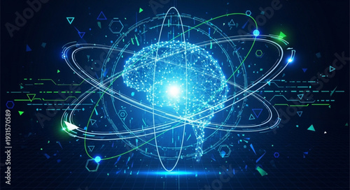 Abstract glowing brain inside atom structure digital art.