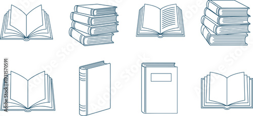 Book Collection Icon Set Open and Closed Hardcover Stack Outline Vector Illustration