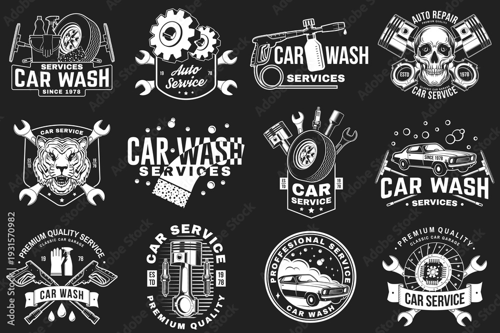 Fototapeta premium Auto service logo, emblems, badges and icons. Vector. For expert service car car wash, repair center, restoration and car club with wrench, gears, spark plug, skull, automobile tools pistons