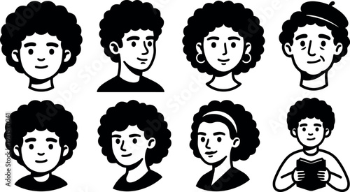 Flat design curly hair avatar set showing eight headshots looking forward and sideways with accessories expressions and simple line art