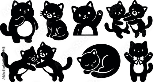 Flat design kawaii cat icon set showing playful kittens waving sleeping hugging sitting dancing and smiling in monochrome vector style