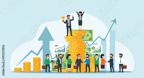Business people celebrating financial growth and success with money and charts.