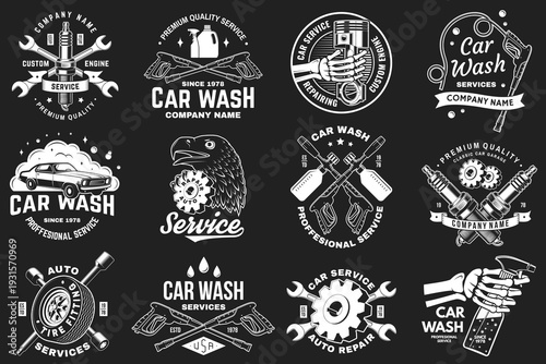 Auto service logo, emblems, badges and icons. Vector. For expert service car car wash, repair center, restoration and car club with wrench, gears, spark plug, skull, automobile tools pistons