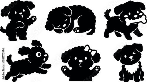 Flat silhouette playful puppy icons set six poses sleeping running holding bone waving paw jumping vector studio