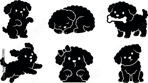 Flat design playful poodle puppy silhouettes showing six poses with bow bone sleeping jumping sitting running begging wagging tail joyful