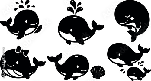 Flat design cute whale icon set with playful expressions spouting water smiling faces shell and mother and baby composition vector