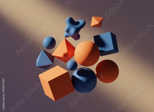 Assorted Abstract Geometric Shapes Sphere Cube Pyramid and Amorphous Forms in Orange and Blue with Dramatic Sunlight and Shadow Play on a Textured Neutral Background