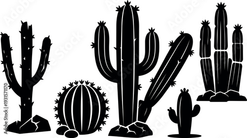 Minimalist silhouette cactus group with barrel columnar and segmented stems side view isolated black vector artwork for print label