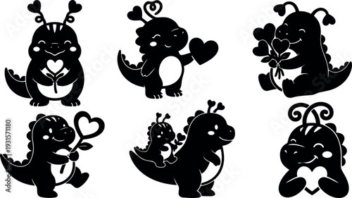 Flat design playful dinosaur characters holding hearts and flowers close up vector set with smiling baby and parent figures cute