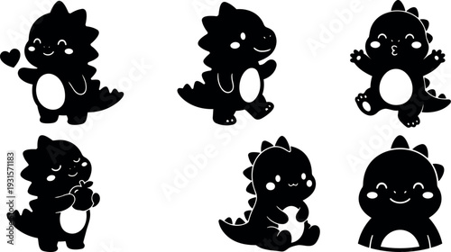 Cute kawaii dinosaur vector silhouettes set six baby dinos playing with heart and sitting poses in flat style smiling black