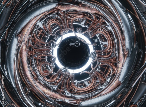 Intricate Metallic Mechanical Eye Structure with Glowing White Center and Detailed Contours Reflecting Futuristic Technology