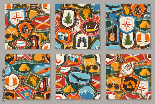 Set of Scout seamless pattern or background. Texture, wallpapers with climbing carabiner, photo camera, tent, rv, knives. Vector. Merit patch, sticker for camping outdoor and academic activities