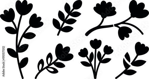 Floral silhouette vector set minimal black flower stems leaves assorted branch icons flat design botanical clipart simple modern scalable editable