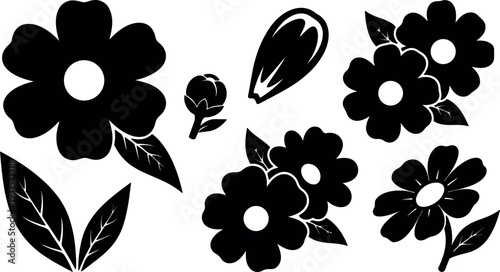 Flat design floral silhouette collection close up assorted simple flowers leaves bud isolated vector art for craft branding spring elements