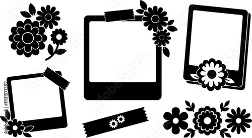 Minimalist floral polaroid frame vector set with taped corners daisy clusters and blank photo placeholders flat design black silhouette decor