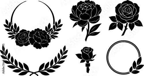 Minimalist silhouette floral vector wreath and rose icon set with laurel branches boutonniere and circular frames isolated black close up