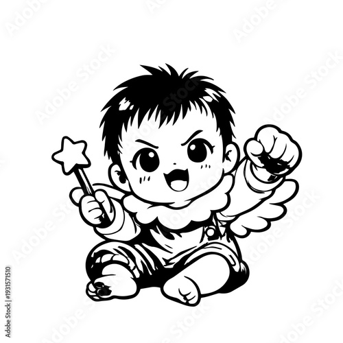 Cute Baby Angel with Star Wand Raising Fist – Energetic Chibi Character Illustration