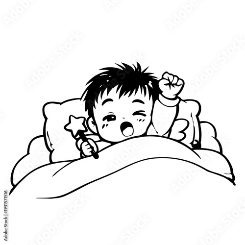 Cute Sleepy Baby Angel Waking Up in Bed – Adorable Chibi Character Illustration