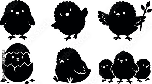 Flat design cute chick silhouettes set showing hatching chick trio branch holding chick and playful poses for easter themed graphics
