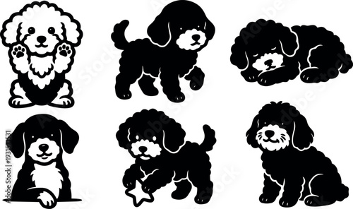 Flat design close up collection of six playful puppy silhouettes in various poses sitting walking sleeping playing friendly vector icons